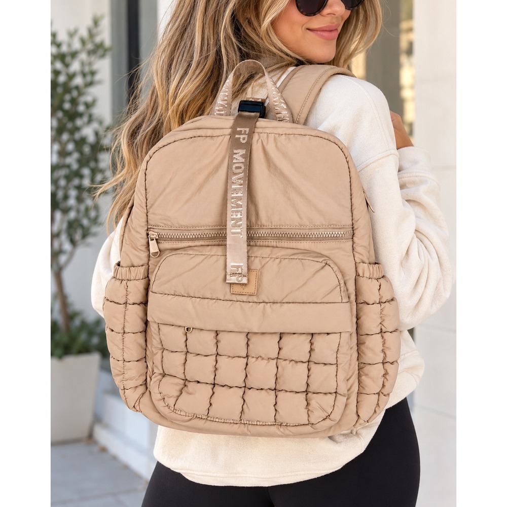 Free People Quilted Backpack Beige Puffer Daypack